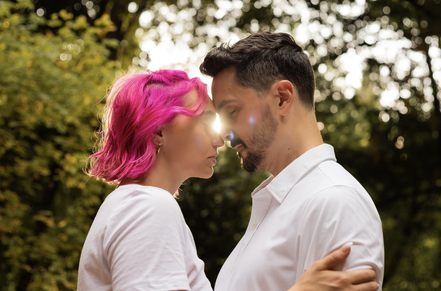 couple engagement pink hair redwoods forest
